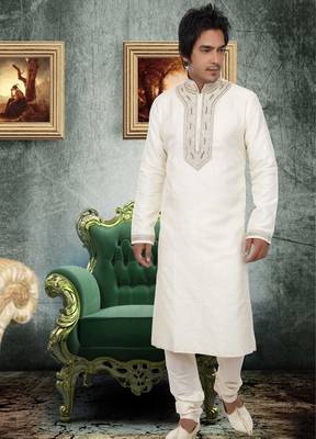 Fawn embroidered art silk kurta-pajama 1