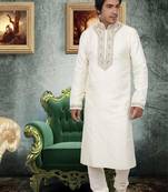 Fawn embroidered art silk kurta-pajama