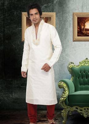 Fawn embroidered art silk kurta-pajama 1