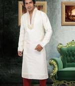 Fawn embroidered art silk kurta-pajama