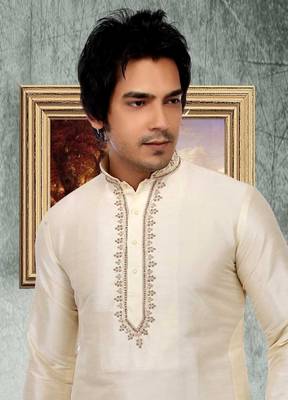Fawn embroidered art silk kurta-pajama 2
