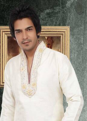 Fawn embroidered art silk kurta-pajama 2