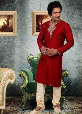 Maroon embroidered art silk kurta-pajama 1