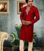Maroon embroidered art silk kurta-pajama