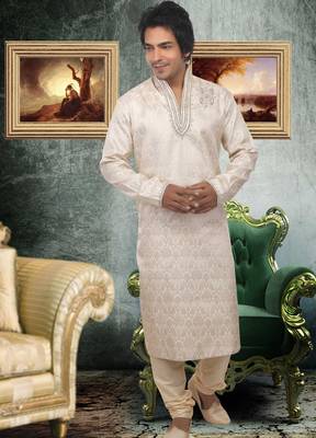 Fawn embroidered art silk kurta-pajama 1