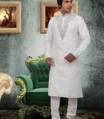 White embroidered art silk kurta-pajama