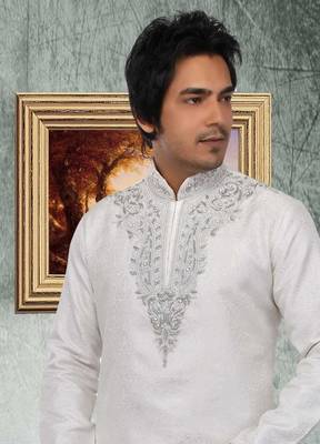White embroidered art silk kurta-pajama 2