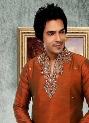 Brown embroidered art silk kurta-pajama 2