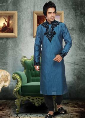 Turquoise embroidered art silk kurta-pajama 1