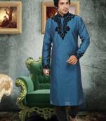 Turquoise embroidered art silk kurta-pajama