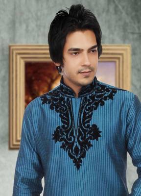 Turquoise embroidered art silk kurta-pajama 2