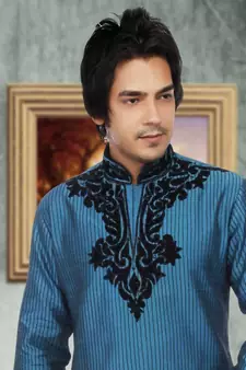 Turquoise embroidered art silk kurta-pajama