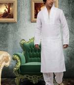 White embroidered linen kurta-pajama