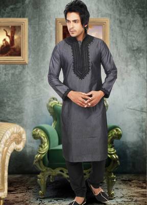 Grey embroidered art silk kurta-pajama 1
