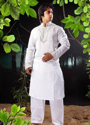 White embroidered art silk kurta-pajama 1