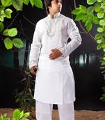 White embroidered art silk kurta-pajama