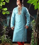 Turquoise embroidered art silk kurta-pajama