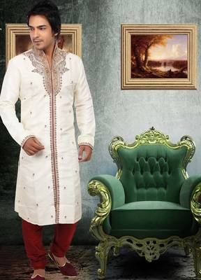 Fawn embroidered art silk sherwani 1