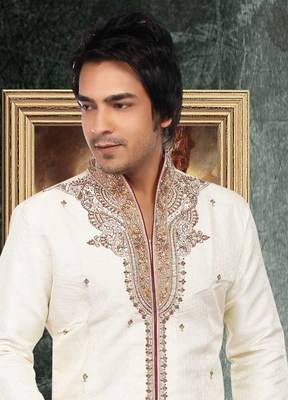 Fawn embroidered art silk sherwani 2
