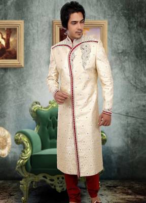 Fawn embroidered art silk sherwani 1
