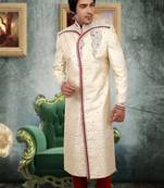 Fawn embroidered art silk sherwani