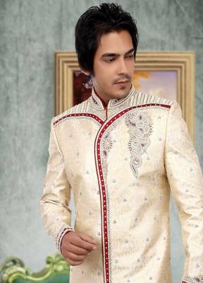 Fawn embroidered art silk sherwani 2