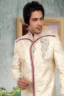 Fawn embroidered art silk sherwani