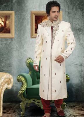 Fawn embroidered art silk sherwani 1