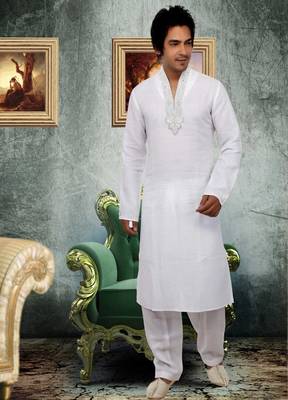 White embroidered linen kurta-pajama 1