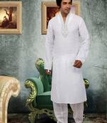 White embroidered linen kurta-pajama