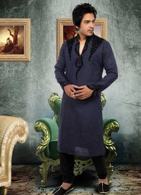 Grey embroidered linen kurta-pajama 1