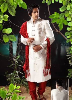 White embroidered art silk sherwani 1