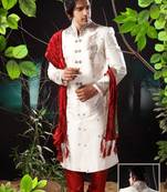 White embroidered art silk sherwani