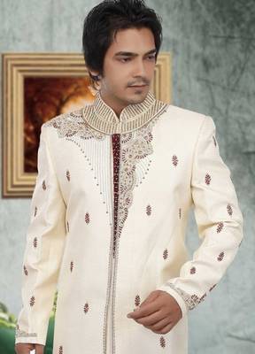 Fawn embroidered art silk sherwani 2