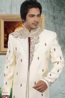 Fawn embroidered art silk sherwani