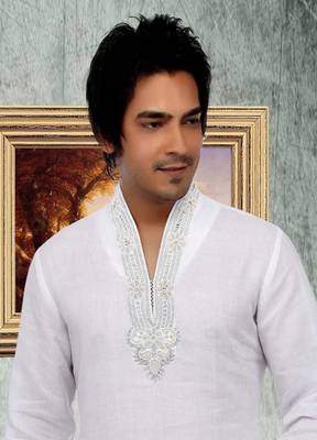 White embroidered linen kurta-pajama 2