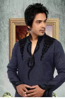 Grey embroidered linen kurta-pajama