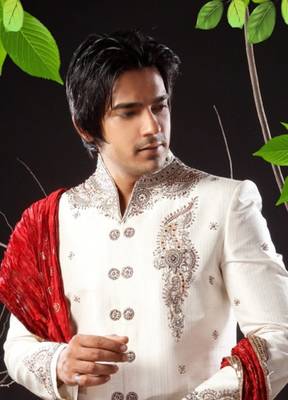 White embroidered art silk sherwani 2