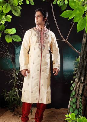 Fawn embroidered art silk sherwani 1