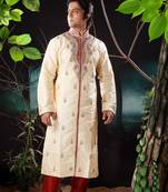Fawn embroidered art silk sherwani