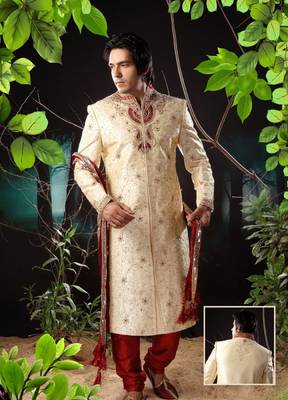 Fawn embroidered art silk sherwani 1