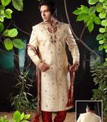 Fawn embroidered art silk sherwani