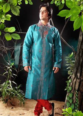 Turquoise embroidered art silk sherwani 1