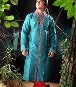 Turquoise embroidered art silk sherwani