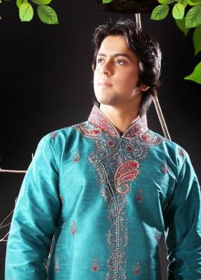 Turquoise embroidered art silk sherwani 2