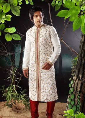 Fawn embroidered art silk sherwani 1