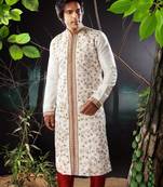 Fawn embroidered art silk sherwani