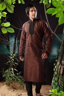 Brown embroidered art silk kurta-pajama