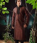 Brown embroidered art silk kurta-pajama