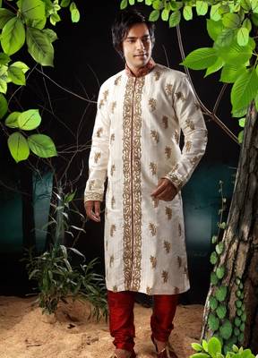 Fawn embroidered art silk sherwani 1